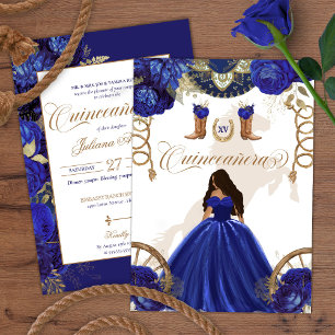 Royal Blue Gold Western Charro 2-Sided Quinceanera Kaart