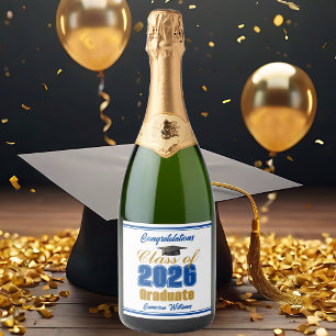 Royal Blue Goud Afstudeerfeest Klas van 2026 Sparkling Wijnetiket