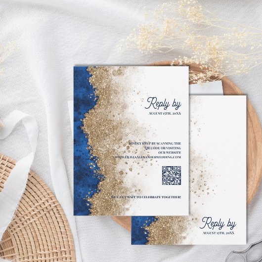 Royal Blue & Goud Huwelijks RSVP met QR Code Kaartje