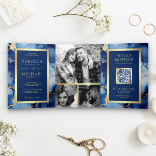 Royal Blue Goud Vloeibare Inkt QR Code Trouwen Drieluik Uitnodiging