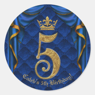 Royal Blue & Gouden Kroon 5 5e Verjaardagsfeestje Ronde Sticker