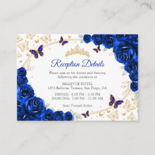 Royal Blue Gouden Quinceanera Ontvangst Details Informatiekaartje