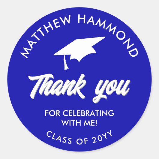Royal Blue Graduating Class Thank You Grad Cap Ronde Sticker (Voorkant)