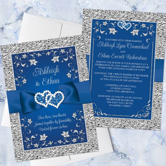 Royal Blue, Grey Love Hearts Faire-part de mariage