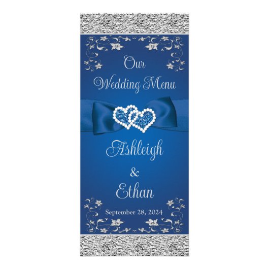 Royal Blue, Grey Love Hearts Menu Mariage (Devant)