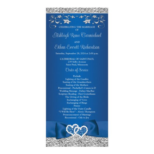 Royal Blue, Grey Love Hearts Programme de mariage (Devant)