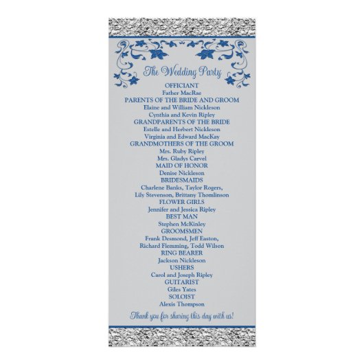 Royal Blue, Grey Love Hearts Programme de mariage (Dos)