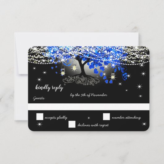 Royal Blue Heart Leaf Tree op Black Wedding RSVP Kaartje (Voorkant)
