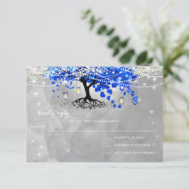 Royal Blue Heart Leaf Tree Wedding RSVP Kaartje
