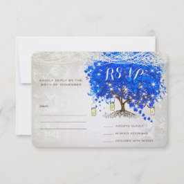 Royal Blue Heart Leaf Tree Wedding RSVP Kaartje