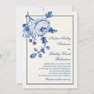 Royal Blue Ivory Toile Floral Faire-part de mariag