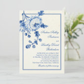 Royal Blue Ivory Toile Floral Wedding Kaart (Staand voorkant)