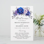 Royal Blue Lila Paars Floral Wedding Programme (Staand voorkant)