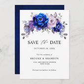 Royal Blue Lila Paarse bloemen sparen de datum Save The Date (Voorkant / Achterkant)