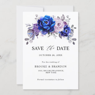 Royal Blue Lila Paarse bloemen sparen de datum Save The Date