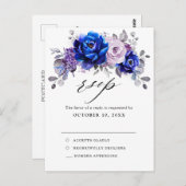 Royal Blue Lila Paarse Floral Wedding RSVP Briefkaart (Voorkant / Achterkant)
