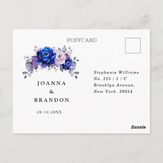 Royal Blue Lila Paarse Floral Wedding RSVP Briefkaart (Achterkant)