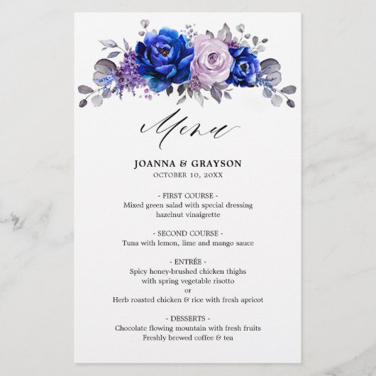 Royal Blue Lilac Purple Floral Menu Mariage (Devant)