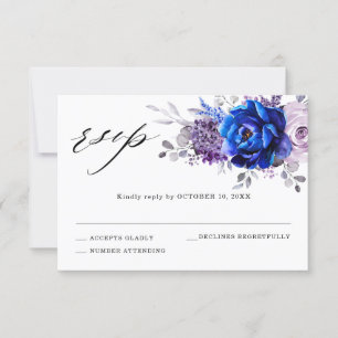 Royal Blue Lilac Purple Floral Wedding Carte RSVP