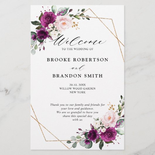 Royal Blue Lilac Purple Floral Wedding Programme (Devant)