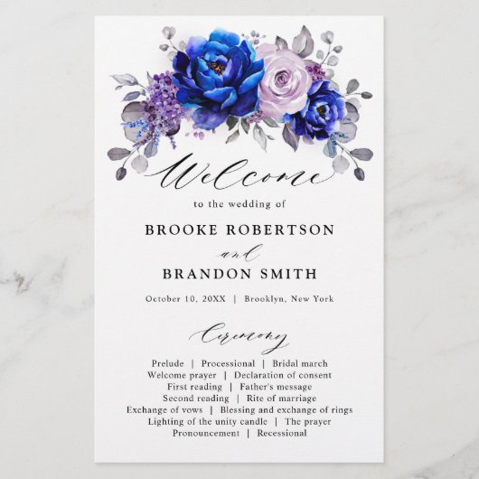 Royal Blue Lilac Purple Floral Wedding Programme (Devant)