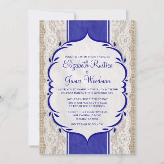 Royal Blue  Linen Burlap Wedding Kaart (Voorkant)