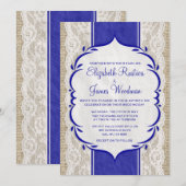 Royal Blue  Linen Burlap Wedding Kaart (Voorkant / Achterkant)