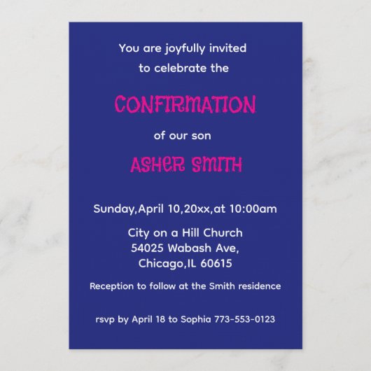 Royal Blue & Magenta Son's Confirmation Invitation Kaart (Voorkant)