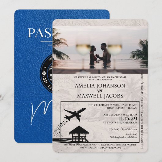 Royal Blue Malediven Passport Wedding Kaart (Voorkant / Achterkant)