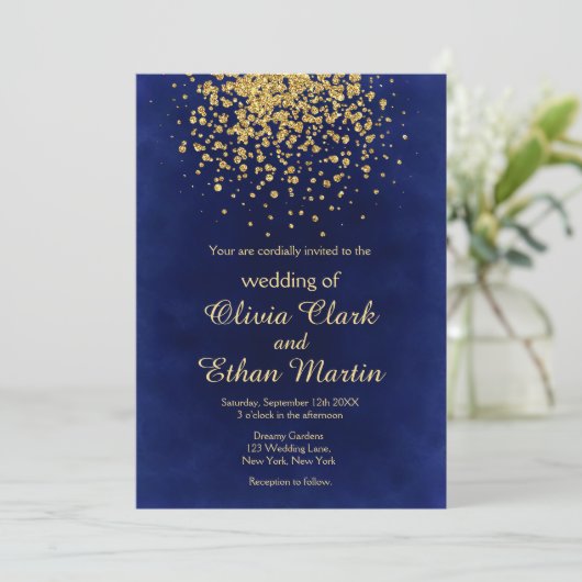 Royal Blue met gouden Confetti Kaart (Staand voorkant)