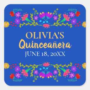Royal Blue Mis Quince Anos Mexicaanse Fiesta Bloem Vierkante Sticker