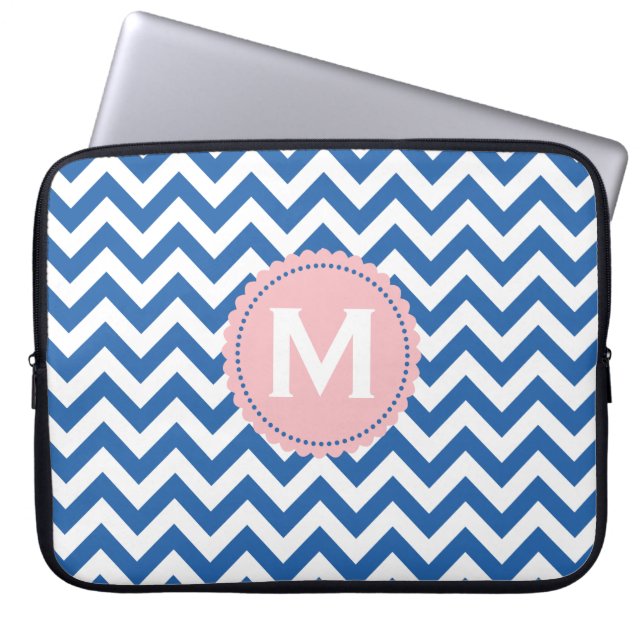 Royal Blue Monogram Chevron Pattern Laptop Sleeve (Voorkant)