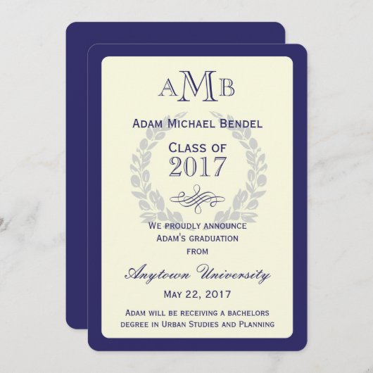 Royal Blue Monogram Faire-part de graduation (Devant / Derrière)