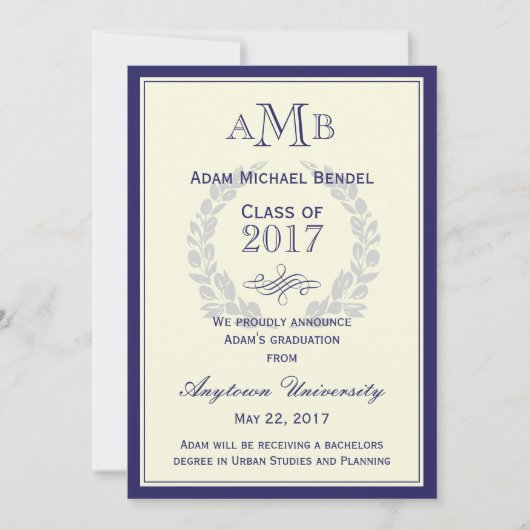 Royal Blue Monogram Faire-part de graduation (Devant)