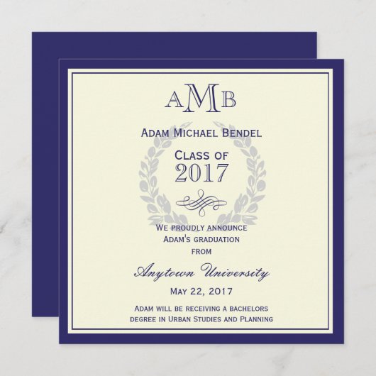 Royal Blue Monogram Faire-part de graduation (Devant / Derrière)