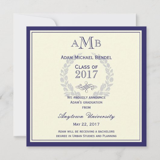 Royal Blue Monogram Faire-part de graduation (Devant)