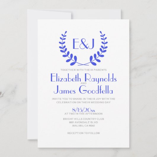 Royal Blue Monogram Wedding Invitations Kaart (Voorkant)