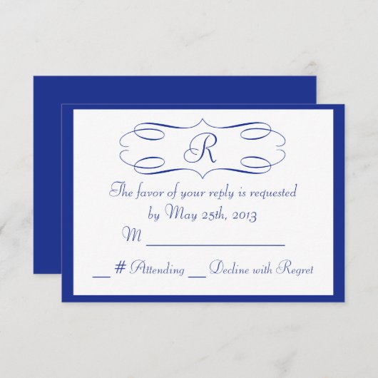 Royal Blue Monogram Wedding RSVP Kaart (Voorkant / Achterkant)