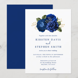 Royal Blue Navy Gouden Bloemen Winter Herfst Trouw Kaart