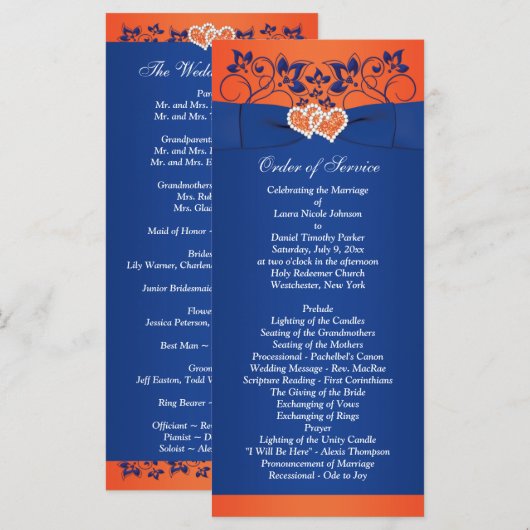 Royal Blue, Orange Floral, Programme de mariage de (Devant / Derrière)