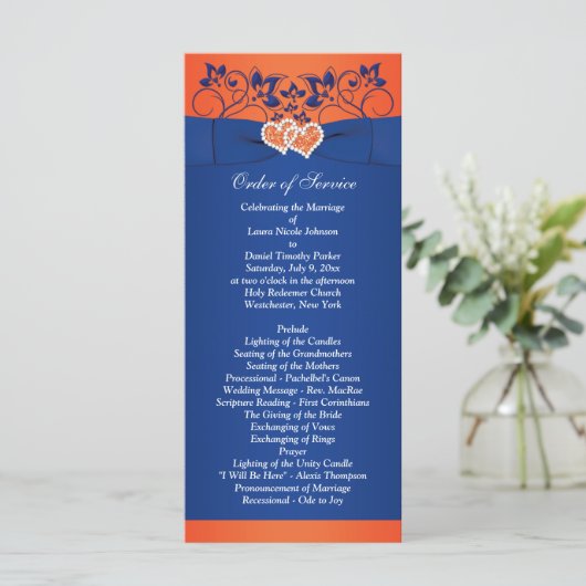 Royal Blue, Oranje Bloemen, Harten Trouwprogramma Programma (Staand voorkant)