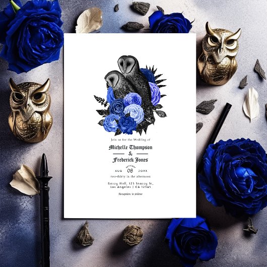  Royal Blue Owls Gothic Wedding QR Code Kaart