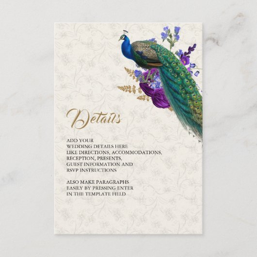 Royal Blue Paarse Bloemen Peacock Bruiloft Details Informatiekaartje (Voorkant)