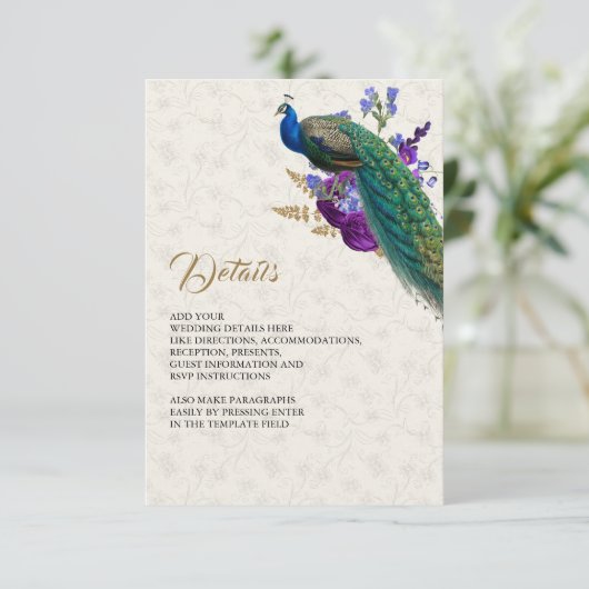 Royal Blue Paarse Bloemen Peacock Bruiloft Details Informatiekaartje (Staand voorkant)