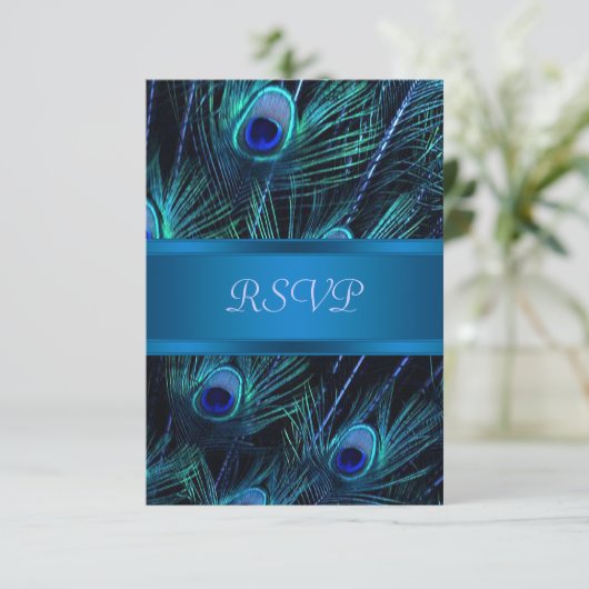 Royal Blue Paarse Pauw bruiloft RSVP Kaarten (Staand voorkant)