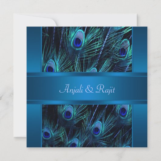 Royal Blue Paarse Peacock Feathers Wedding Kaart (Voorkant)