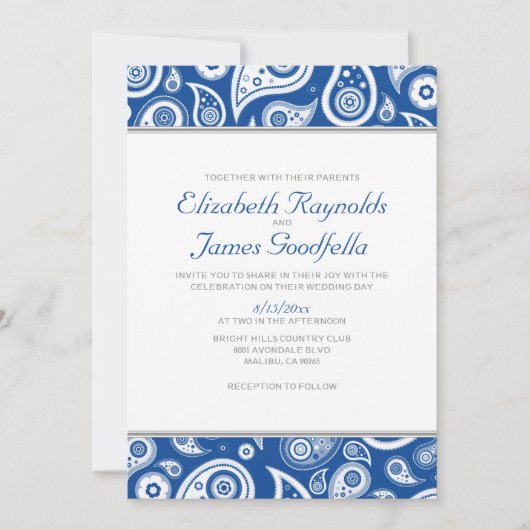 Royal Blue Paisley Wedding Invitations Kaart (Voorkant)