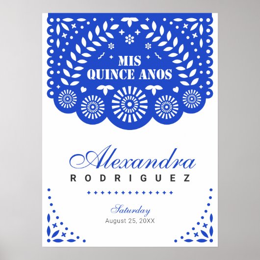 Royal Blue Papel Picado Mis Quince Años Poster (Voorkant)