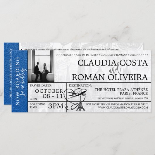 Royal Blue Paris Mariage Boarding Pass Invitation (Devant / Derrière)