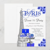 Royal Blue Paris Sweet 16 Party Kaart (Voorkant / Achterkant)